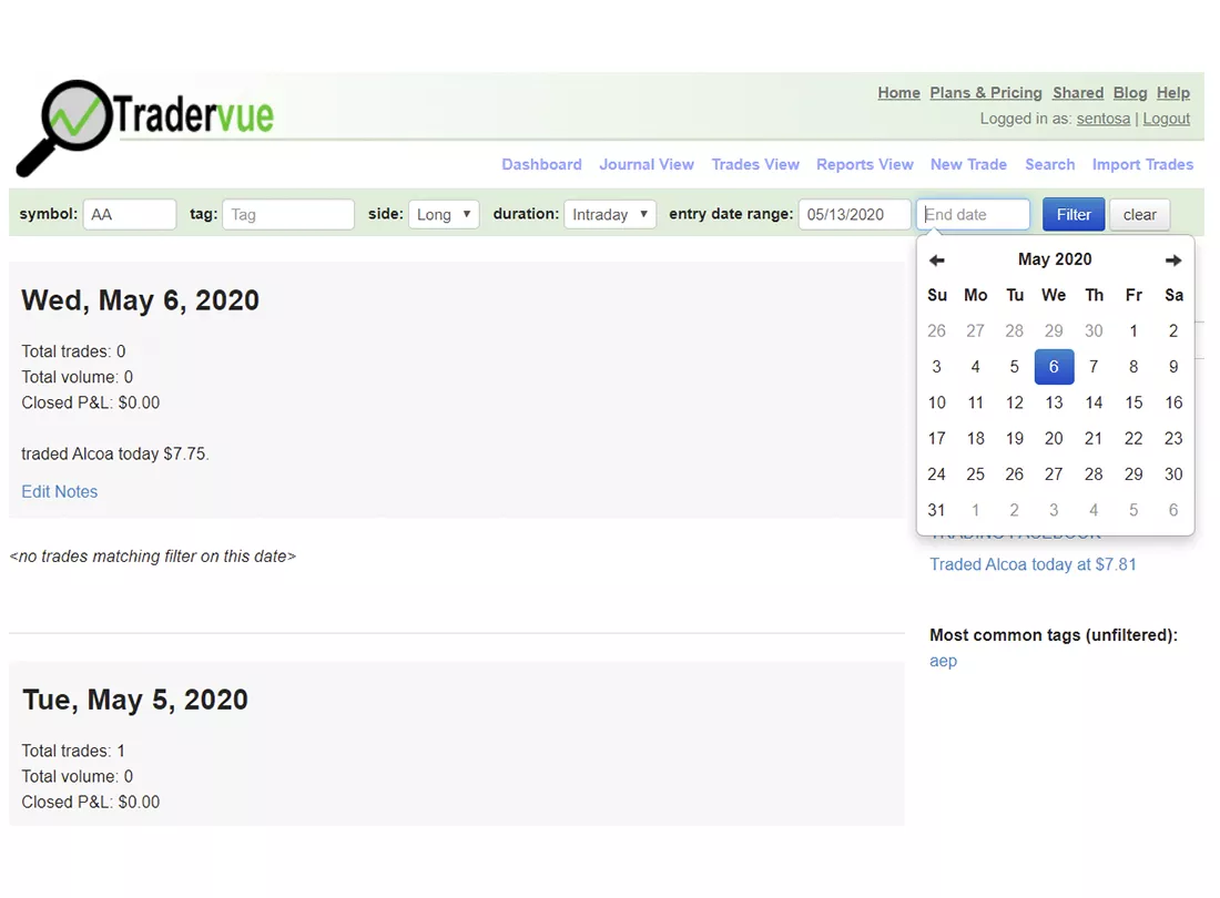 Tradervue desktop view 