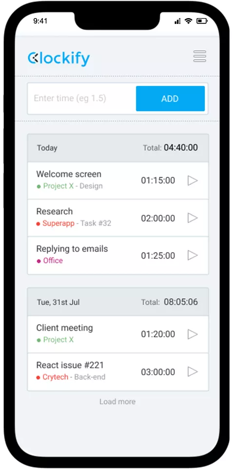 Clockify mobile view 1