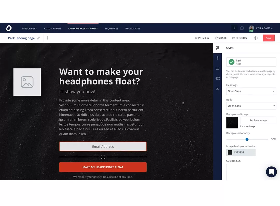 ConvertKit desktop view 